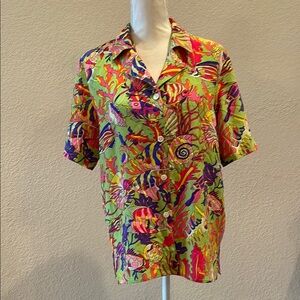 Green Pink Yellow Silk Button Down Shirt with Tropical Print Sz M